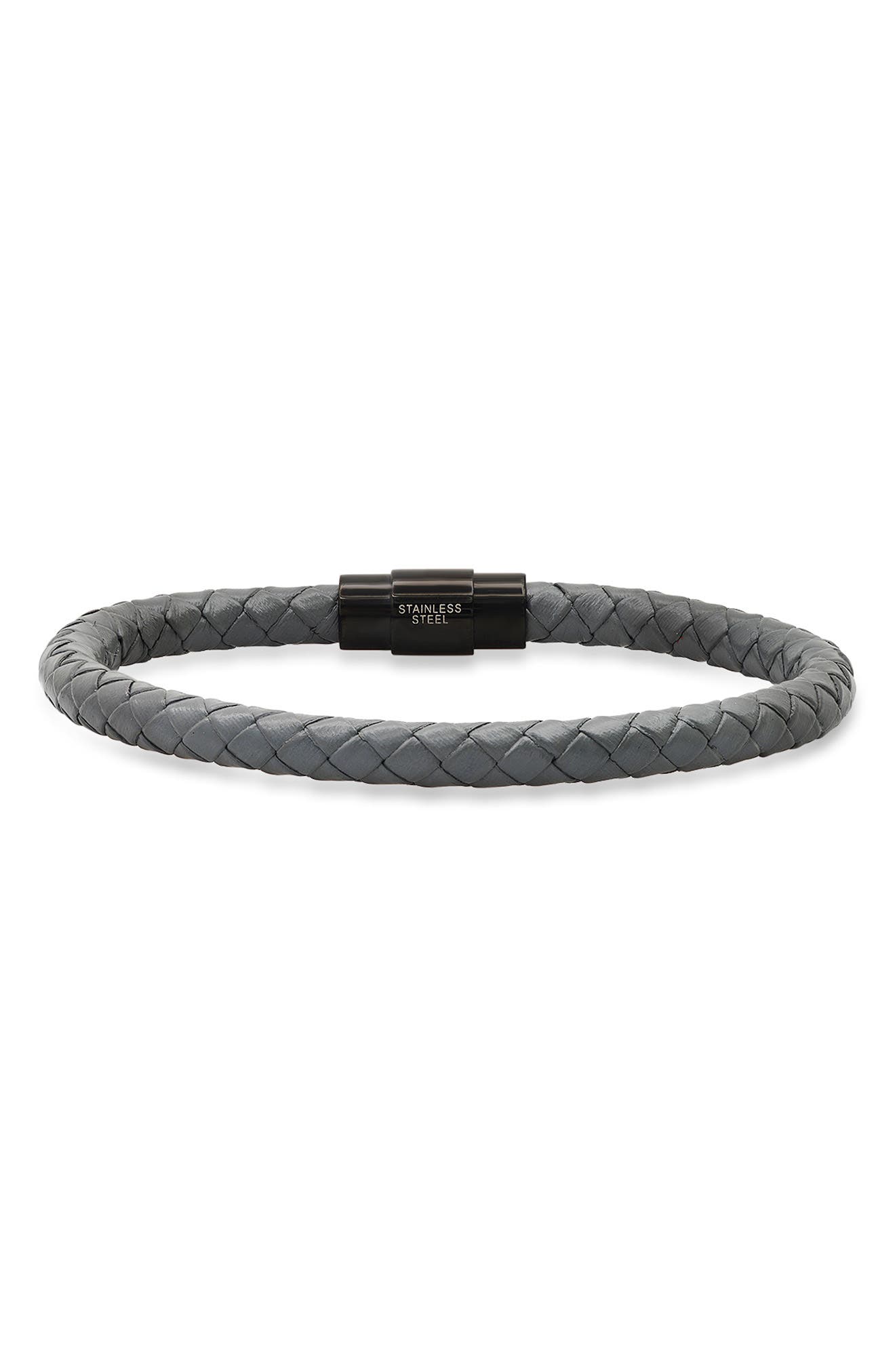 HMY JEWELRY Men's IP Stainless Steel Grey Braided Leather Bracelet