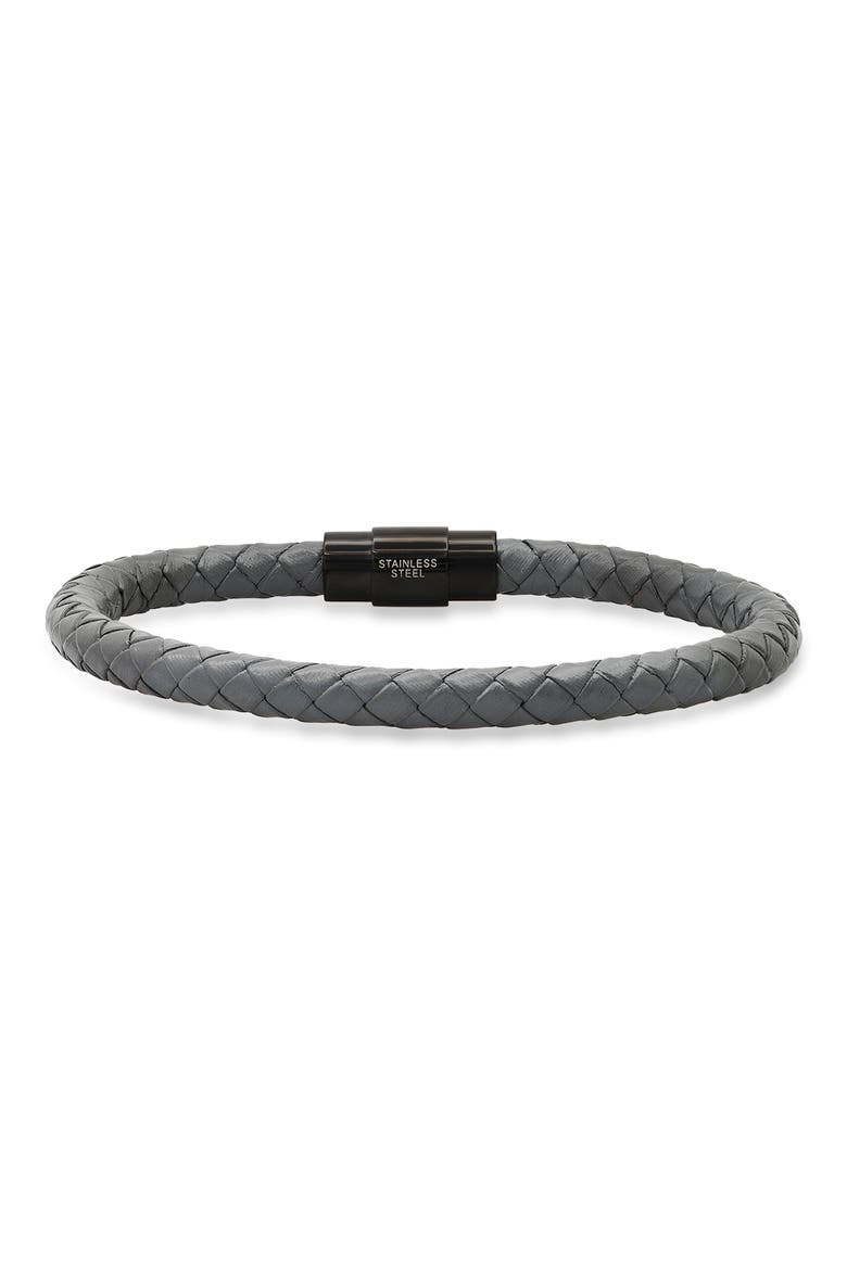 Men's IP Stainless Steel Grey Braided Leather Bracelet, Main, color, GRAY-BLACK