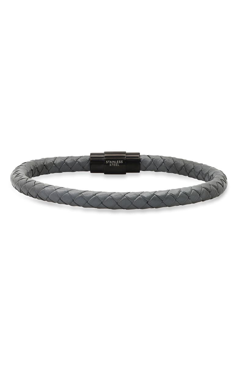 HMY JEWELRY Men's IP Stainless Steel Grey Braided Leather Bracelet, Main, color, 