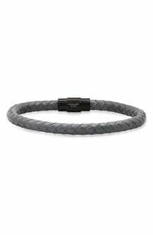 HMY JEWELRY Men's IP Stainless Steel Grey Braided Leather Bracelet