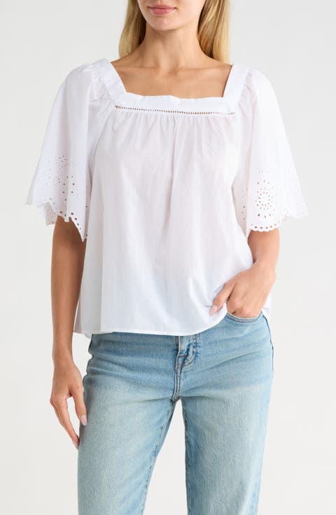 Square Neck Flutter Sleeve Cotton Top