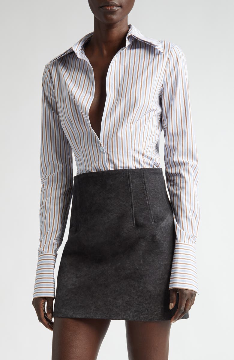 LaQuan Smith Stripe Plunge Neck One-Button Shirt, Main, color,