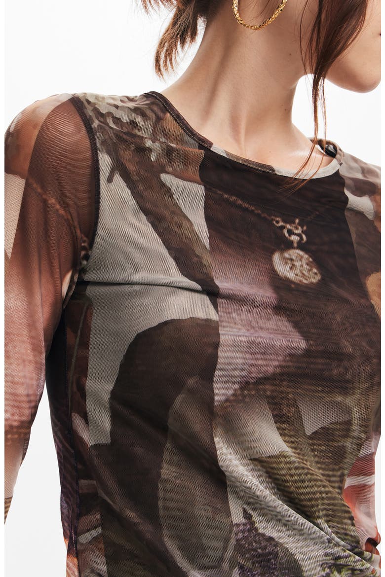 Carson Print Mesh Long Sleeve Top, Alternate, color, BROWN