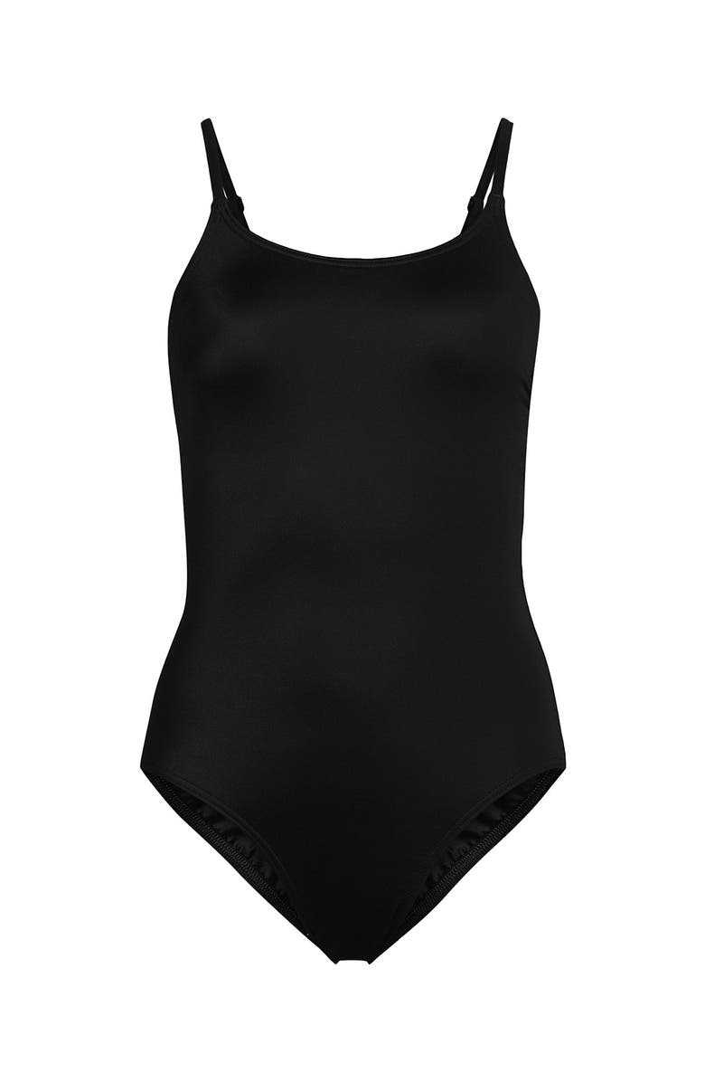 Lands' End Chlorine Resistant Scoop Neck High Leg Tugless Tank Thin Strap One Piece Swimsuit Adjustable, Alternate, color, Black