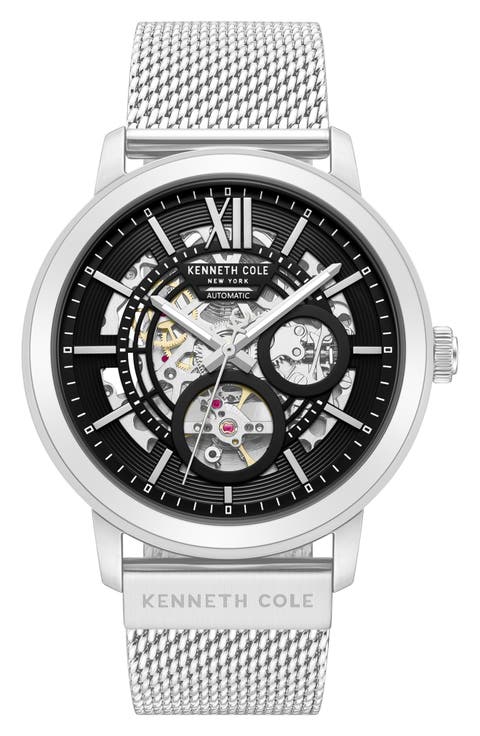 Pacific Skeleton Dial Automatic Mesh Strap Watch, 43.6mm