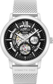 Kenneth Cole New York Pacific Skeleton Dial Automatic Mesh Strap Watch, 43.6mm