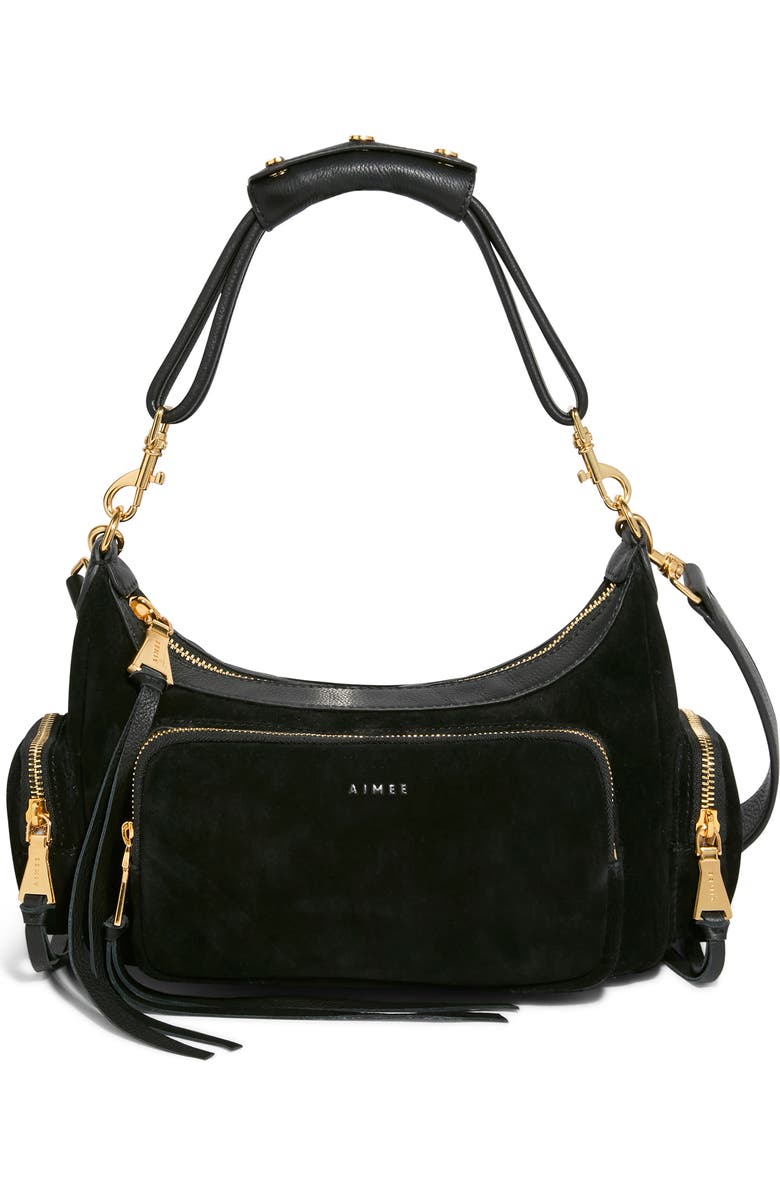 AIMEE Away We Go Suede Shoulder Bag, Main, color, Black Suede/ Nostalgic Gold