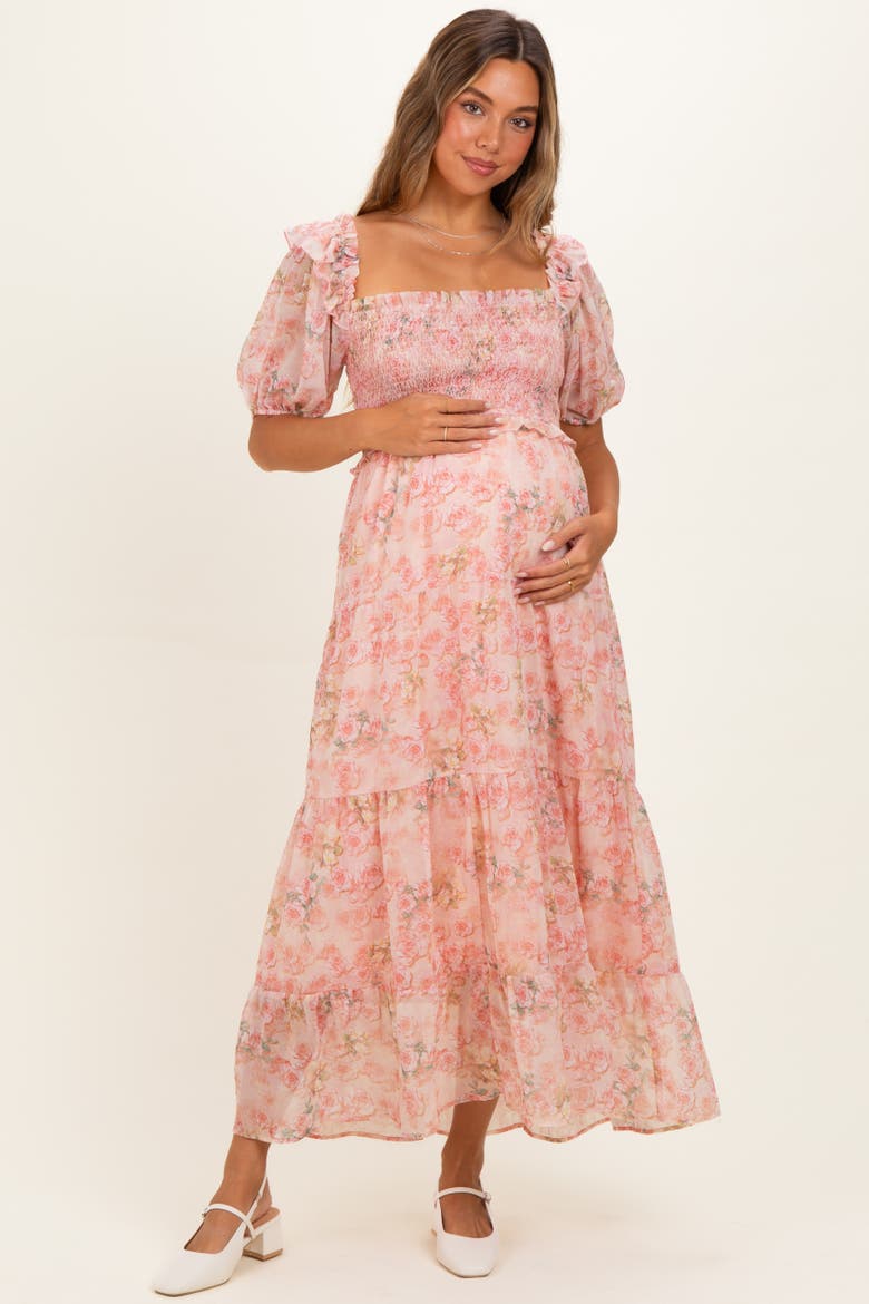 Floral Chiffon Smocked Maxi Dress, Main, color, Pink