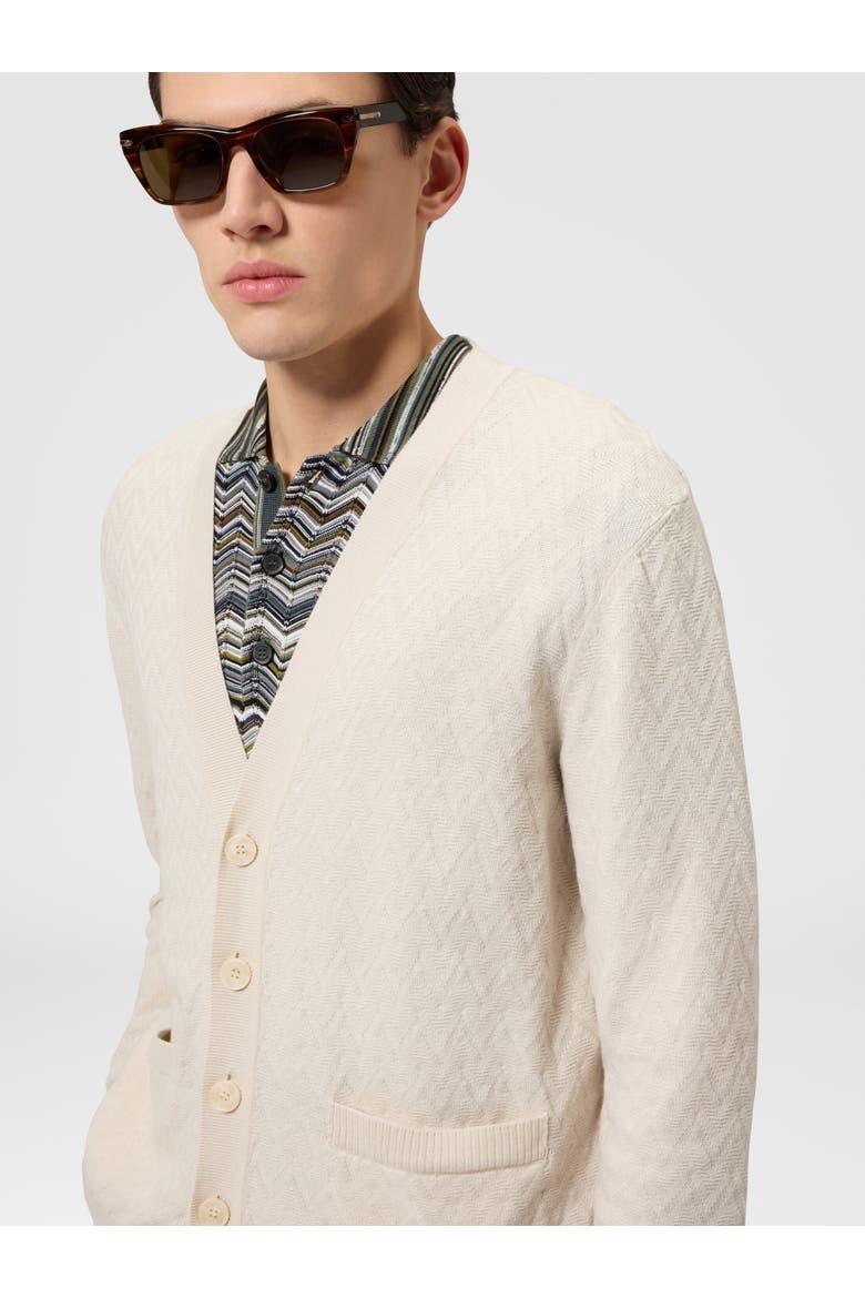 Wool And Cotton Chevron Cardigan With Pockets, Alternate, color, Beige