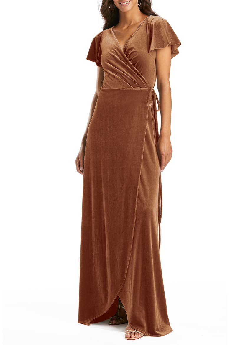 Flutter Sleeve Velvet Wrap Gown, Main, color, GOLDEN ALMOND