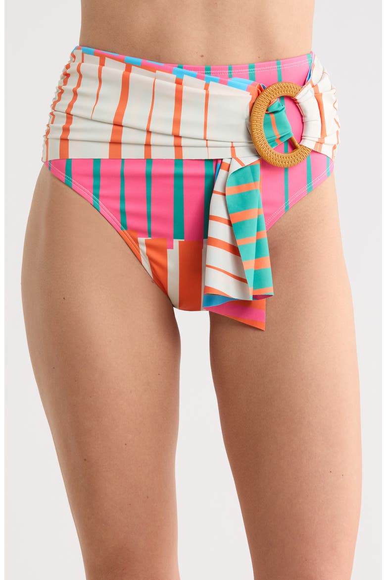 O-Ring High Waist Bikini Bottoms, Main, color, FUCHSIA MULTI PLAYFUL STRIPES