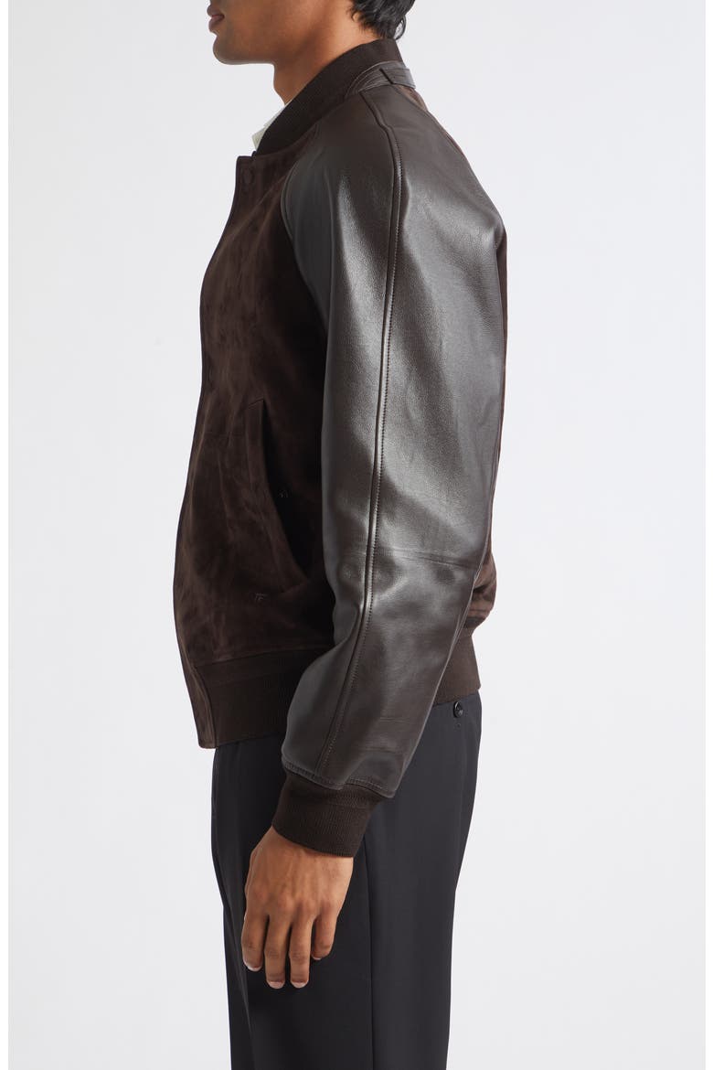 Suede & Leather Bomber Jacket, Alternate, color, DARK BROWN