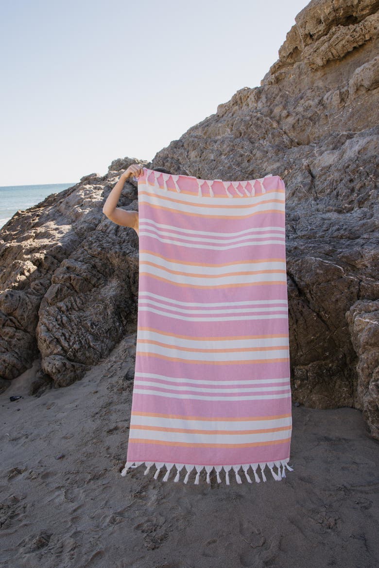 Cove Striped Organic Turkish Towel with Soft Terry Cloth Back, Alternate, color, Pink and Orange