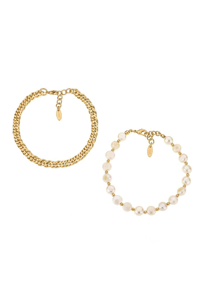 Set of 2 Cultured Freshwater Pearl & Curb Chain Anklets, Main, color, GOLD