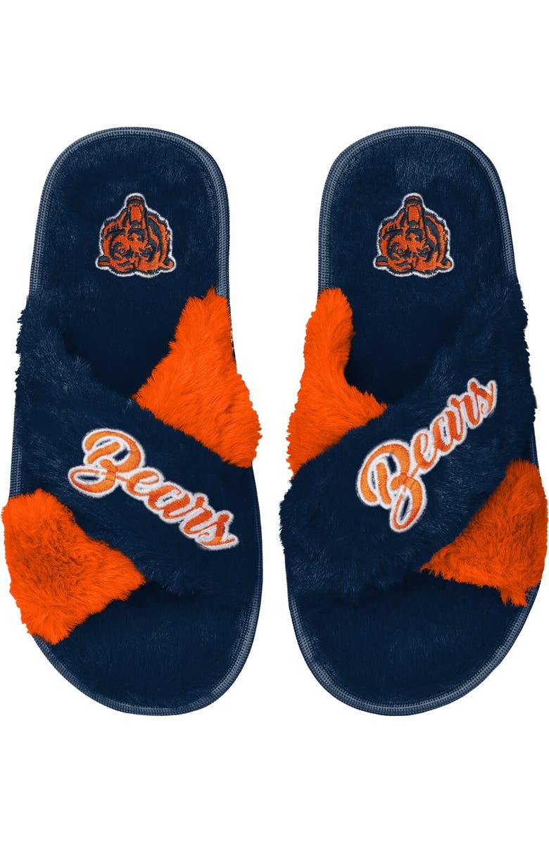 FOCO Women's FOCO Navy Chicago Bears Two-Tone Crossover Faux Fur Slide Slippers, Alternate, color,