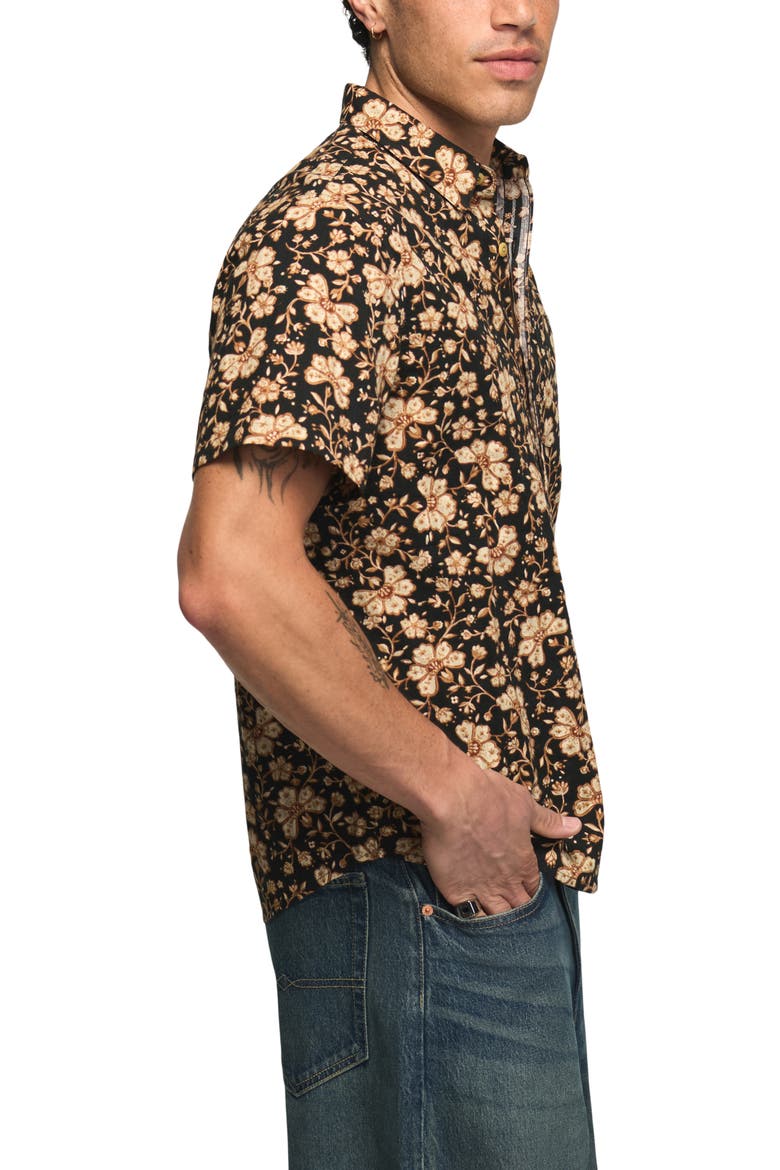 Floral Short Sleeve Cotton Button-Up Shirt, Alternate, color, BLACK PRINT