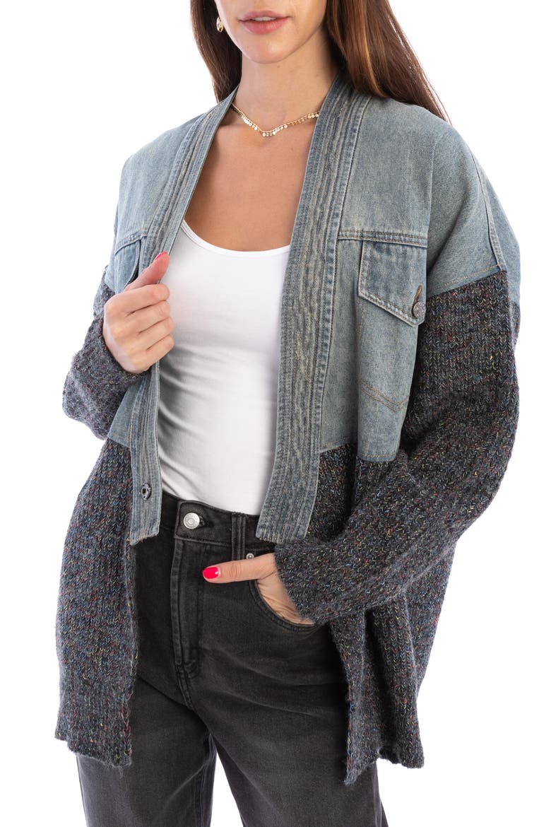 Mixed Media Denim Cardigan, Main, color, BLUE
