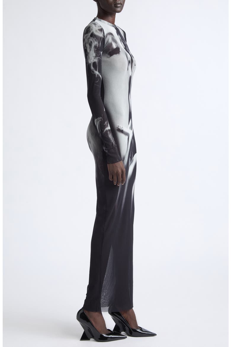 Smoking Graphic Long Sleeve Mesh Body-Con Dress, Alternate, color, BLACK/ GREY/ WHITE