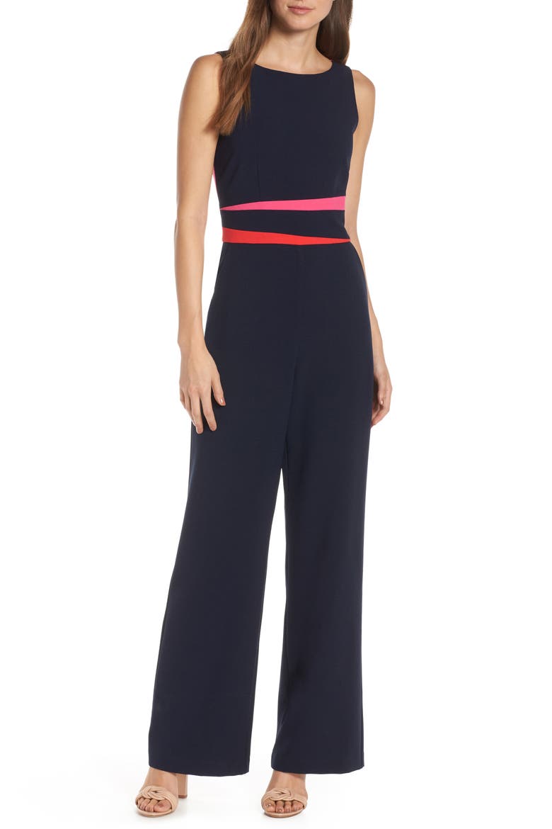 Colorblock Crepe Jumpsuit, Main, color, NAVY/ RED