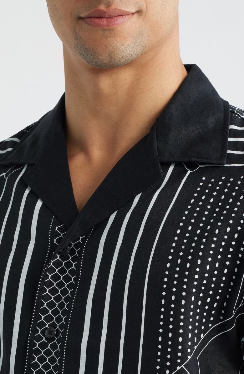 Reigning Champ Arena Relaxed Fit Geo Print Linen Camp Shirt, Alternate, color, Black-White