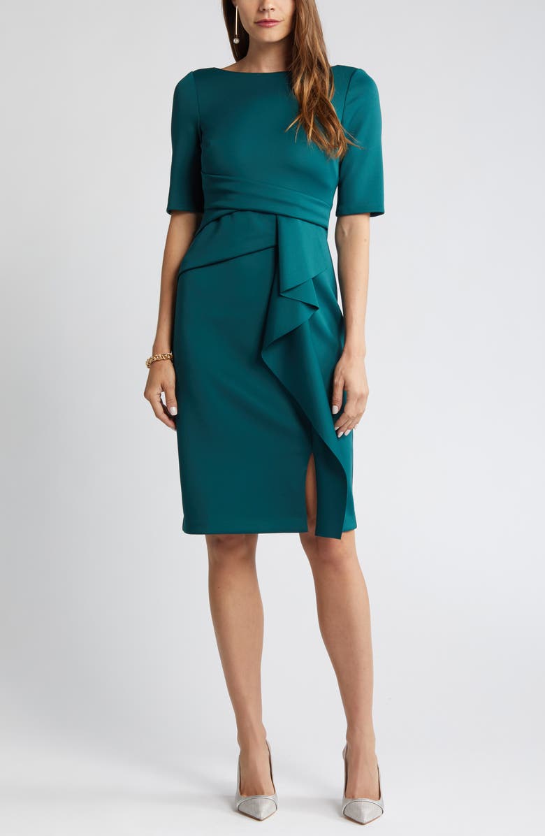 Vince Camuto Waist Tuck Ruffle Skirt Scuba Dress, Alternate, color, Hunter