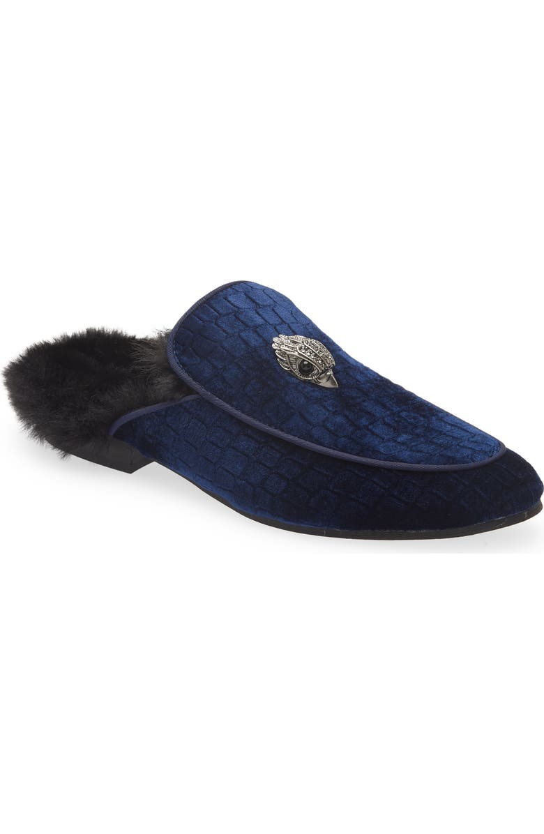 Kurt Geiger London Hugh Velvet & Faux Fur Loafer Mule, Main, color, Navy