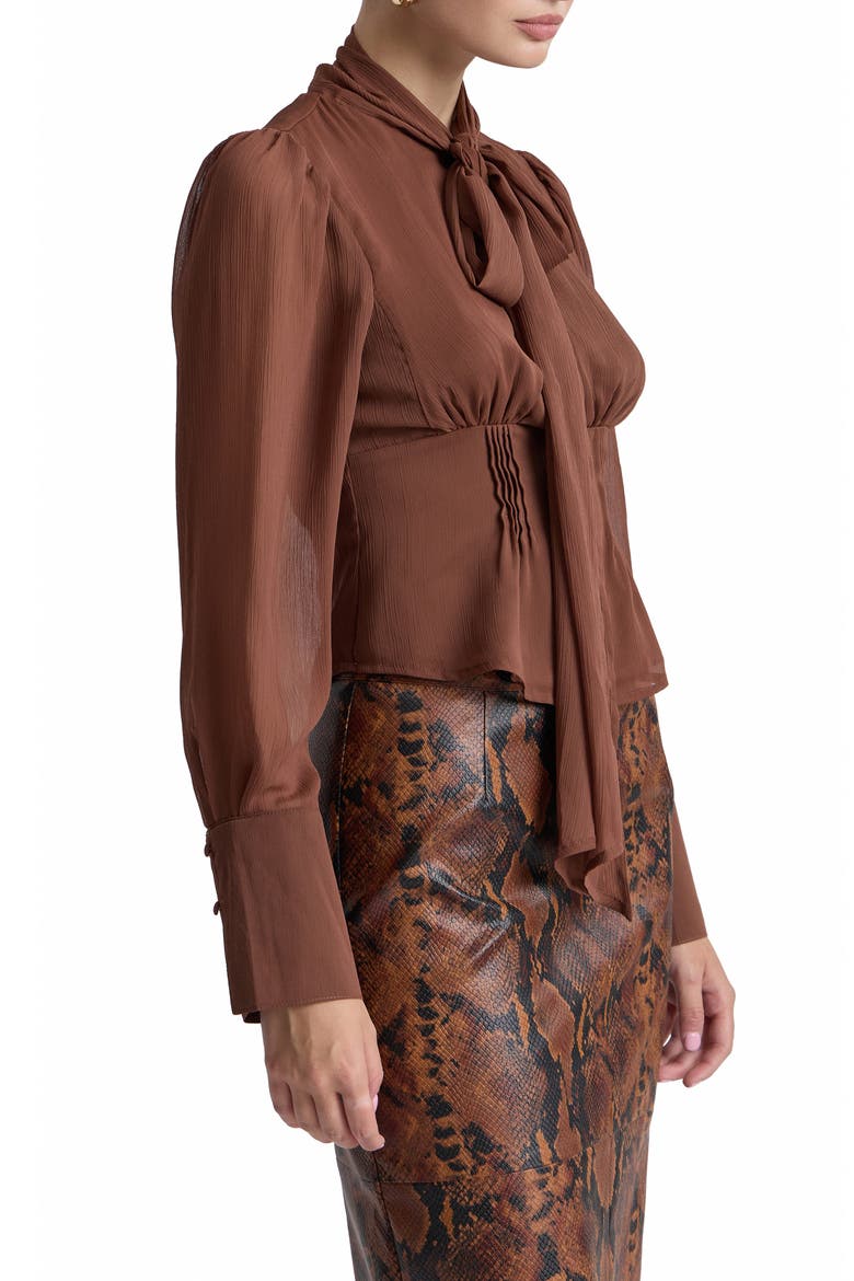 Long Sleeve Bow Tie Crinkle Crepe Top, Alternate, color, BROWN