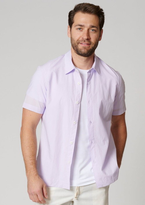 Leisure Lab Short Sleeve Cotton Button Up In Lilac