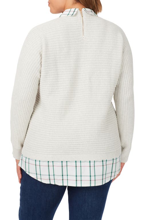 Foxcroft Layered Plaid Trim Cotton Sweater In Ivory Mult