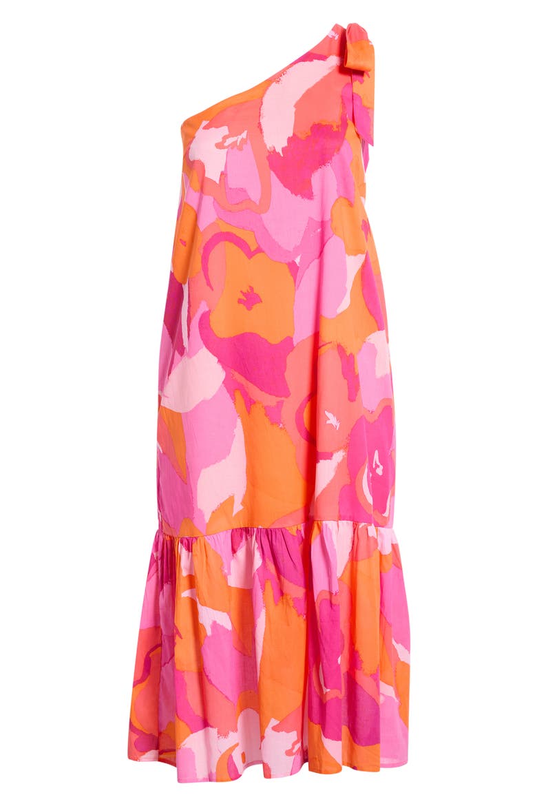 Floral One-Shoulder Cotton Dress, Alternate, color, ORANGE PINK MULTI
