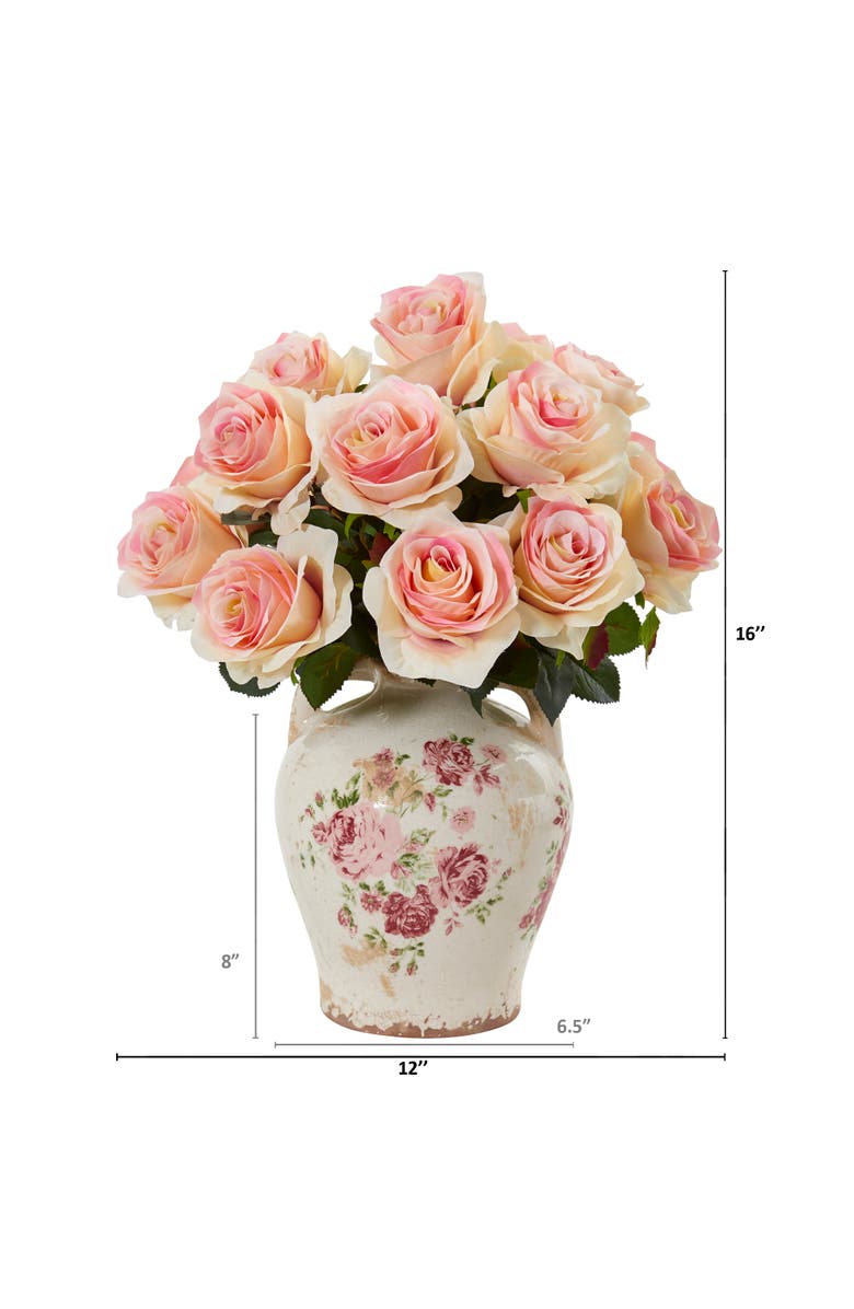 NEARLY NATURAL Rose Artificial Arrangement in Flower Print Jar, Alternate, color, Light Pink