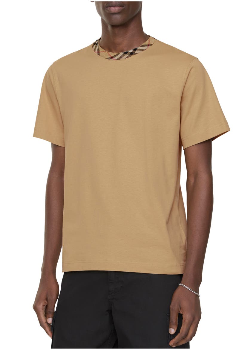 Check Trim Cotton T-shirt, Main, color, Flax beige