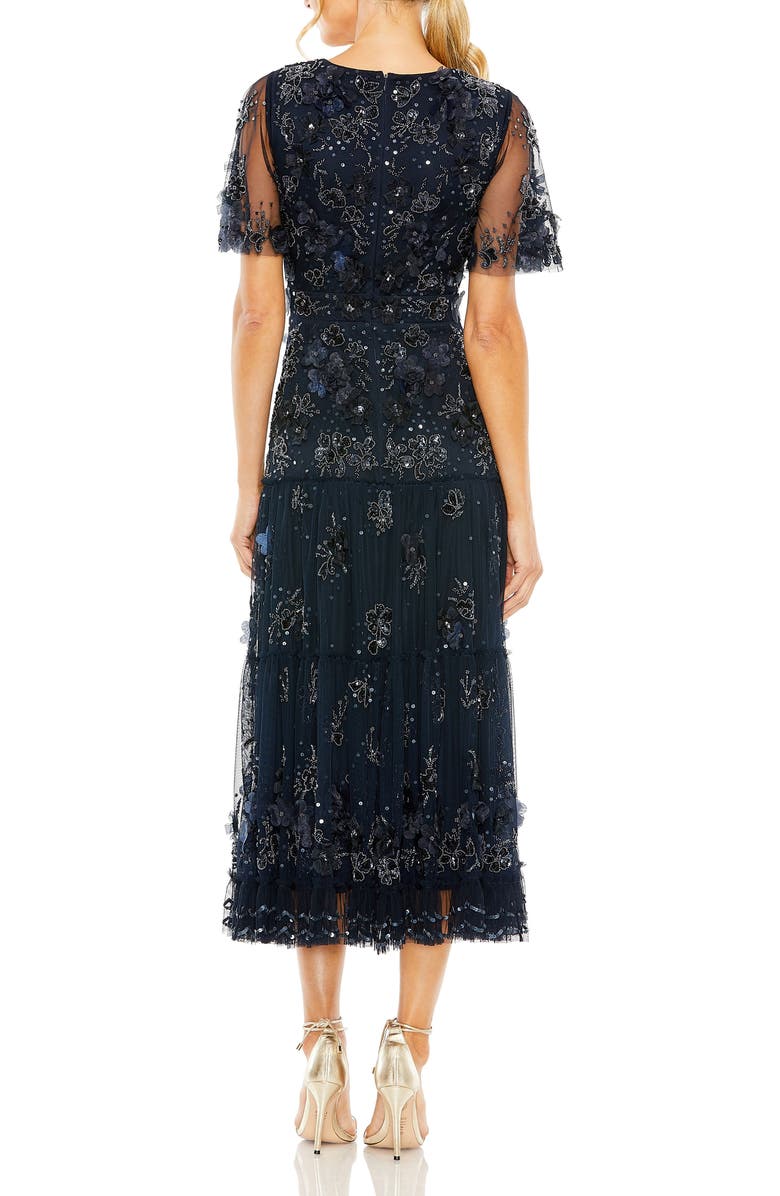 Mac Duggal Women's Floral Appliqué Embellished Flutter Sleeve Midi Dress, Alternate, color, Midnight