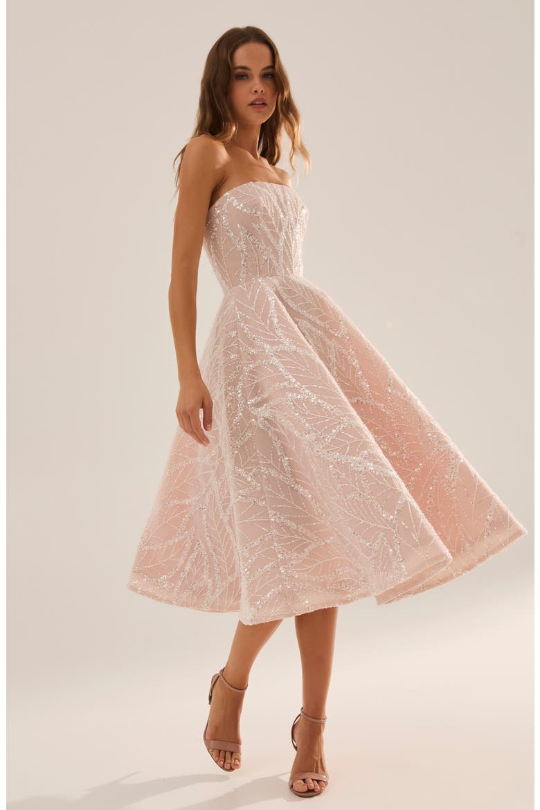 Vivi Embellished Strapless Cocktail Midi Dress, Alternate, color, OFF WHITE/ NUDE