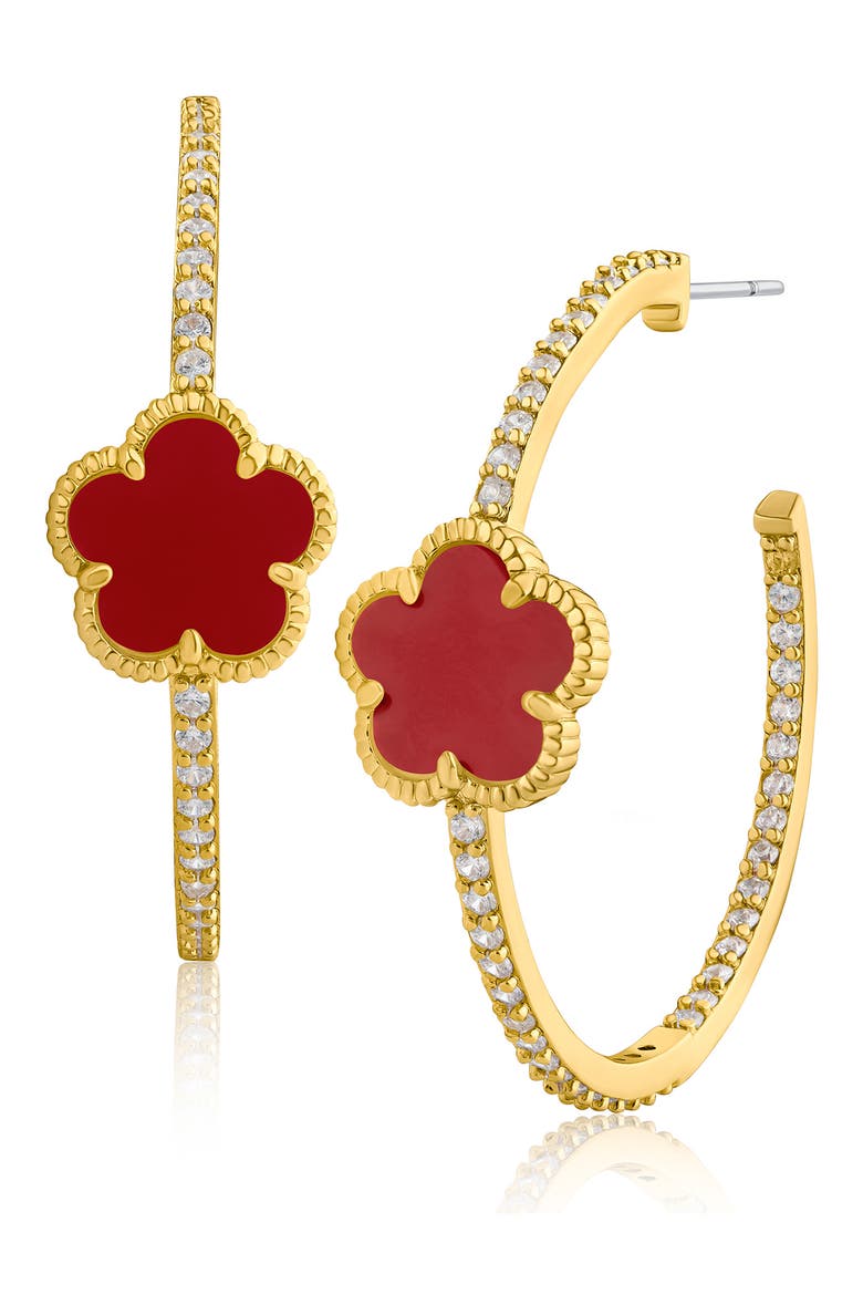 Faux Coral Clover Cubic Zirconia Pavé Hoop Earrings, Main, color, RED/ GOLD