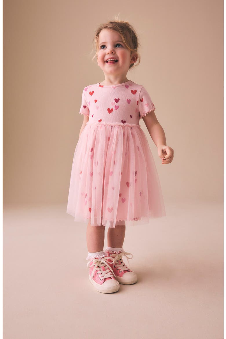 Kids' Heart Print Mixed Media Dress, Alternate, color, PINK