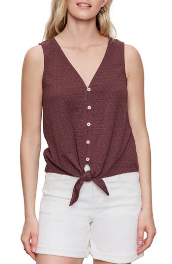 Sanctuary Vacation Textured Tie Front Button-up Tank In Brown