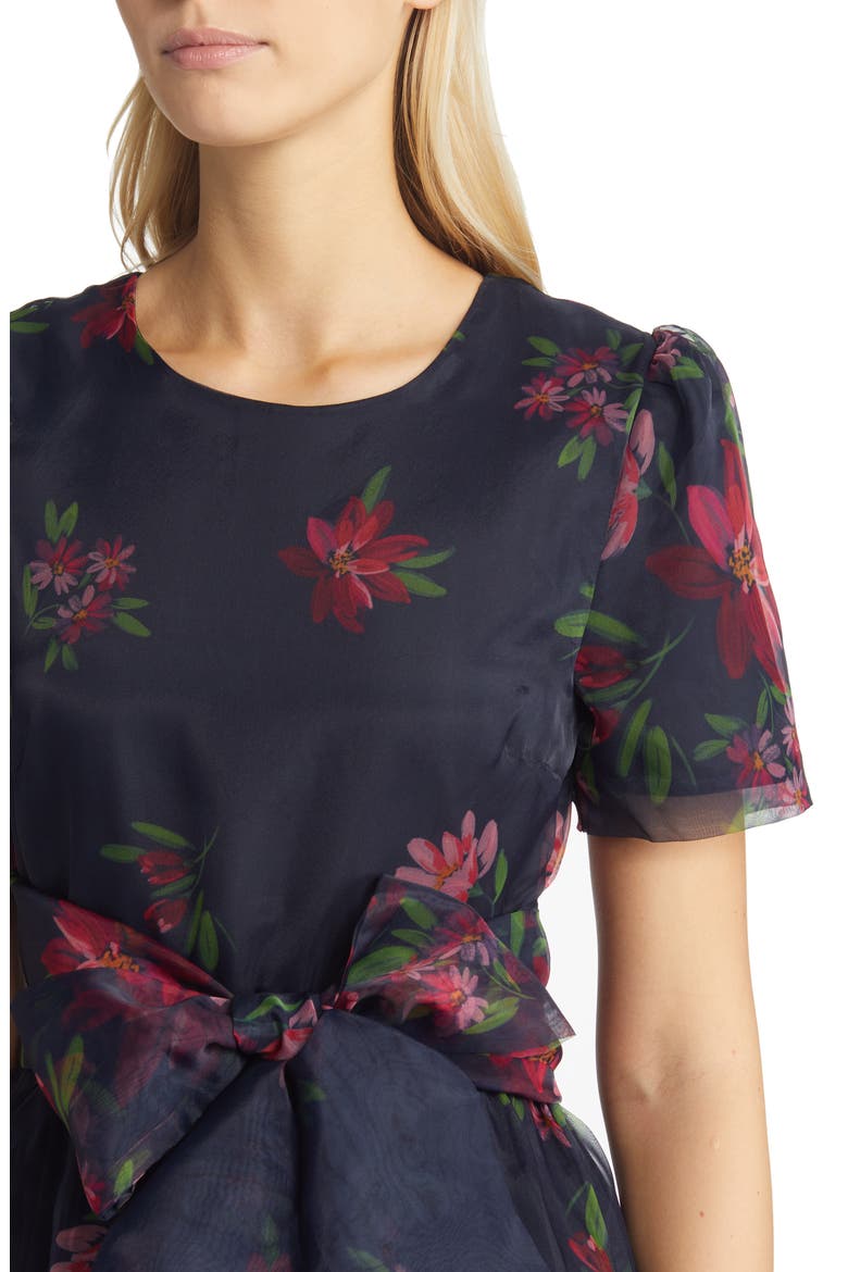 Floral Print Tie Waist Organza Midi Dress (Nordstrom Exclusive), Alternate, color, BLACK FLORAL INK