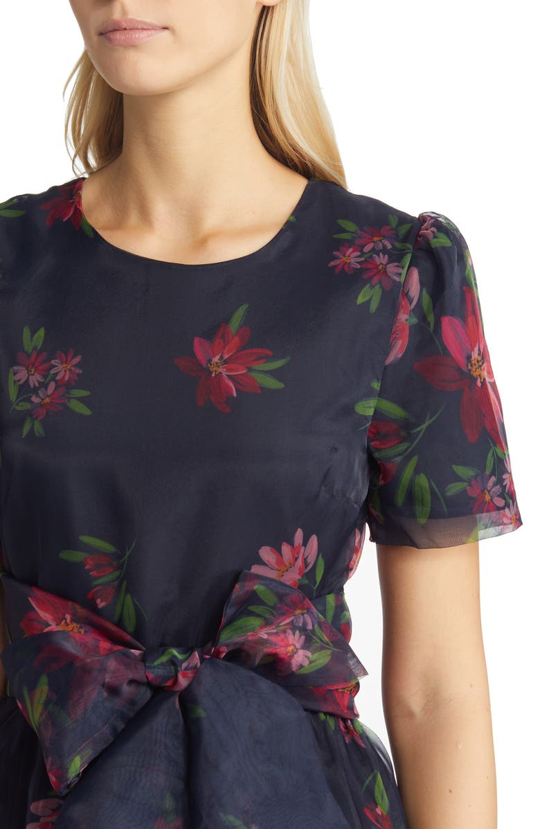 Rachel Parcell Floral Print Tie Waist Organza Midi Dress, Alternate, color, 