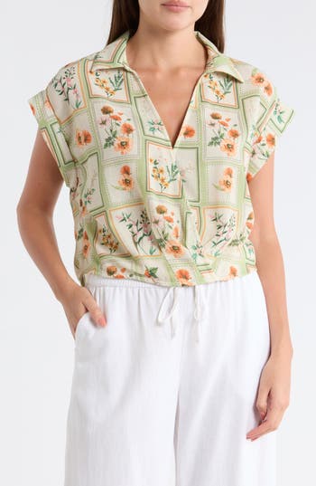 Dr2 By Daniel Rainn Johnny Collar Short Sleeve Crop Top In Green