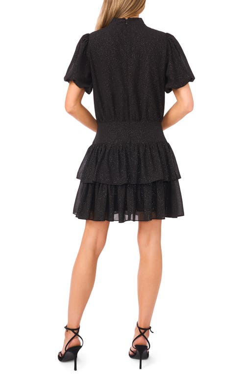 Cece Sparkly Puff Sleeve Tie Neck Tiered Dress In Black