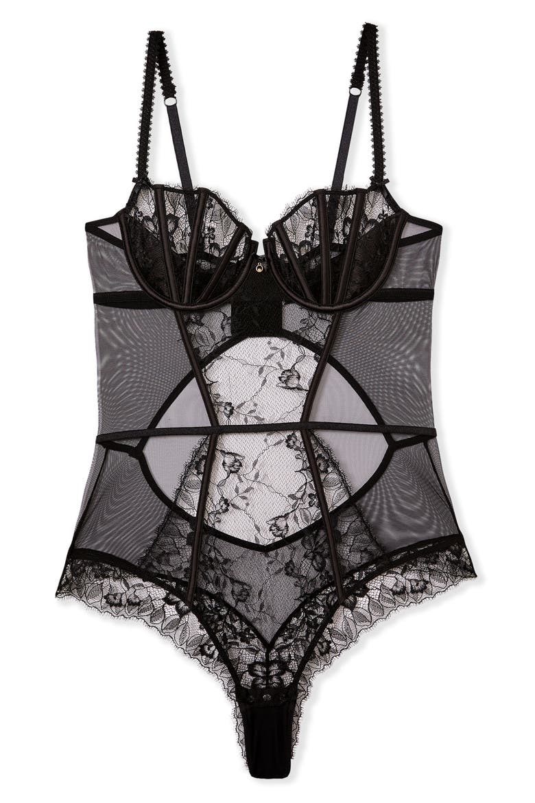 Mascarade Embroidered Underwire Bodysuit, Alternate, color, BLACK