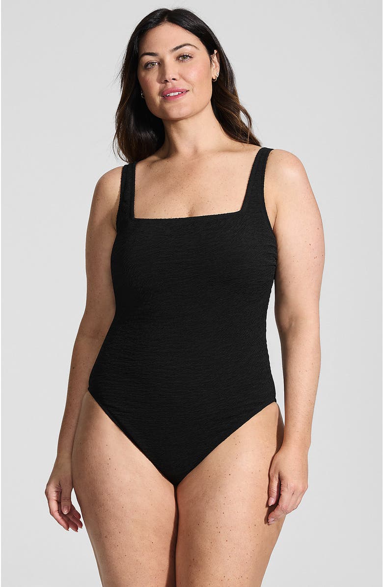 Lands' End Womens Boucle Square Neck Scoop Back One Piece Swimsuit, Main, color, Black
