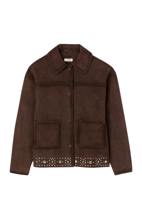 Sandro Studded Suede Leather Jacket In Brown