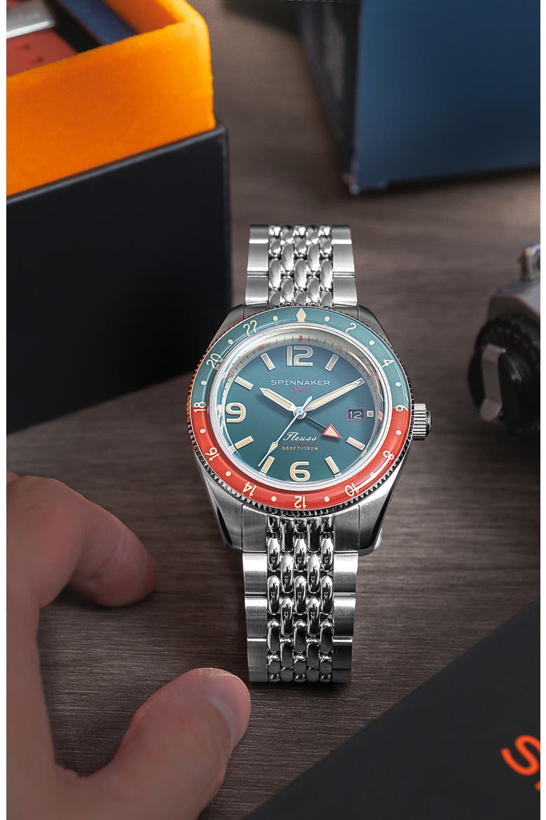 Fleuss GMT Automatic Bracelet Watch, 43mm, Alternate, color, GREEN