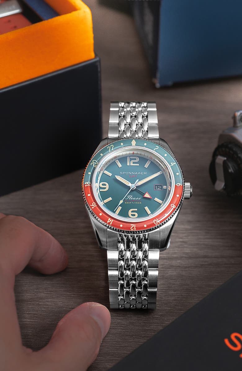 SPINNAKER Fleuss GMT Automatic Bracelet Watch, 43mm, Alternate, color, Green