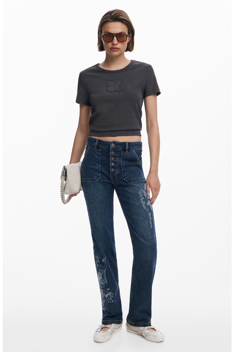 Embroidered Detail Exposed Button-Fly Jeans, Alternate, color, BLUE