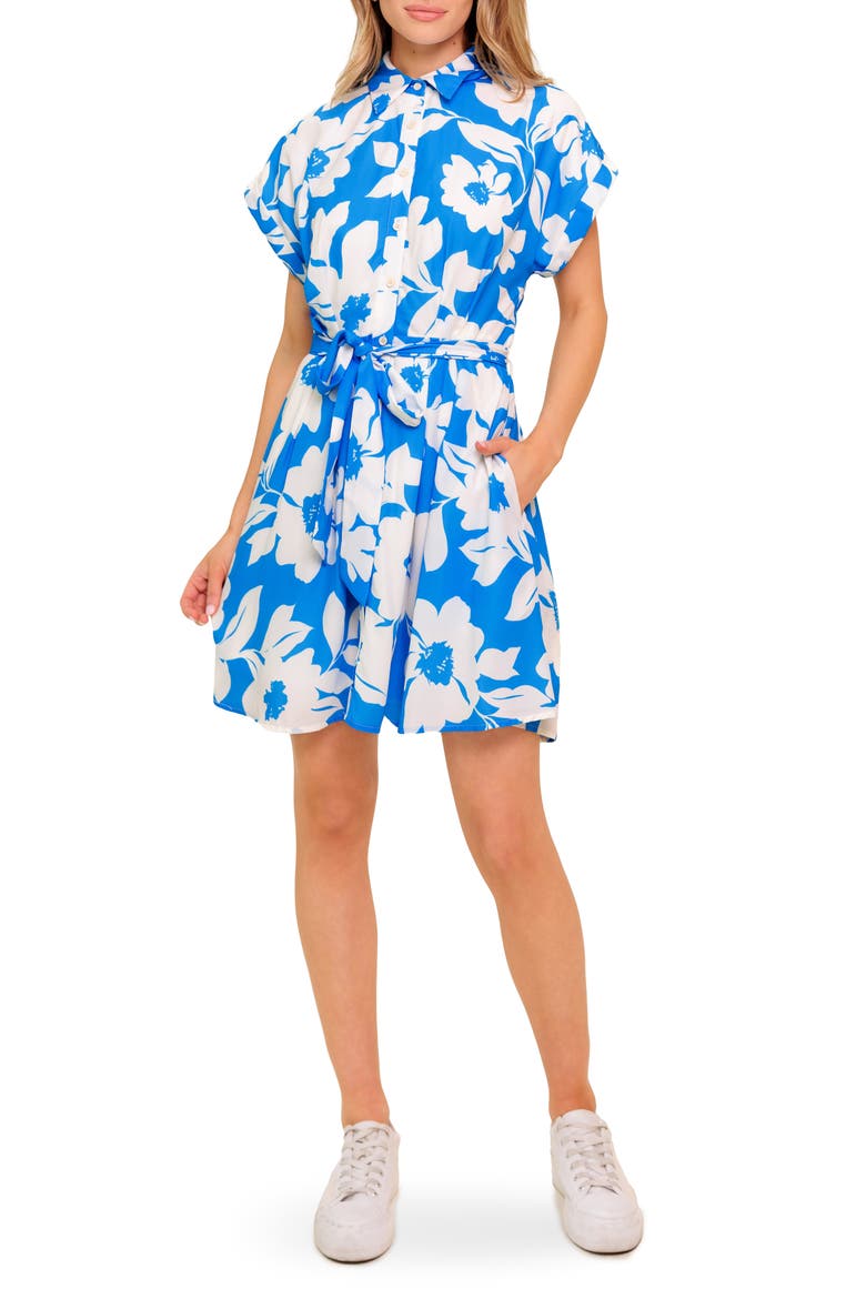 Tie Waist Button-Up Minidress, Main, color, BLUE/ IVORY
