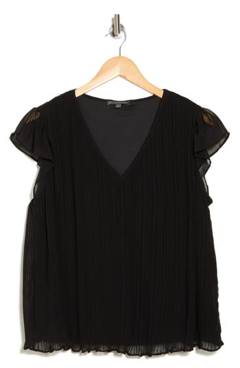 Adrianna Papell Flutter Sleeve Pleated Top In Black
