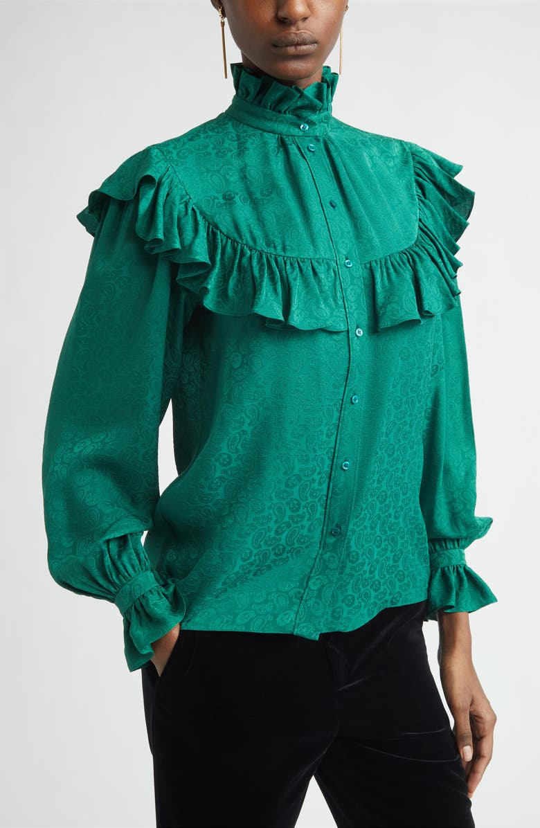 Saint Laurent Ruffled Silk Jacquard Button-Up Shirt, Alternate, color, Emeraude